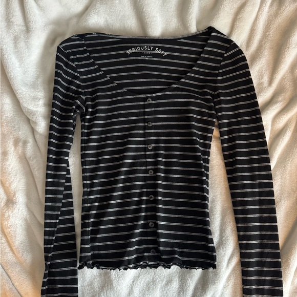 Aeropostale Tops - Aeropostale Seriously Soft Black and White Striped Button Down Scallop Shirt